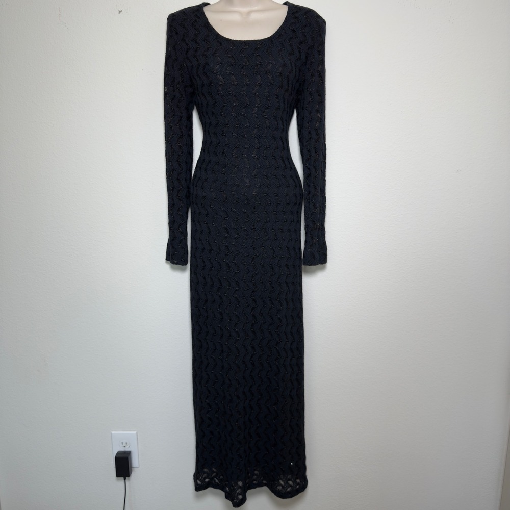 VTG 90s S. Roberts Women Cotton Maxi Dress 12 Black‎ Whimsigoth Pointelle Grunge
